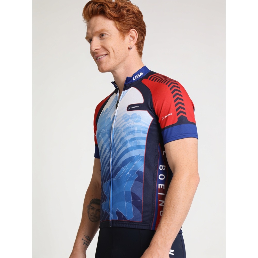 Voler One Boeing Cycling Jersey Mens Blue Red White Full Zip Short Sleeve Top - Picture 3 of 12